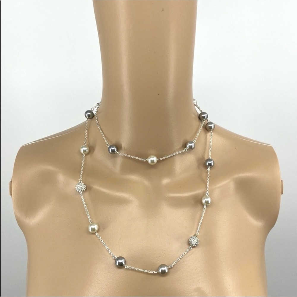 Chaps 36” Silver Tone Faux Pearl & Rhinestone Station Necklace